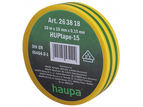 Изолента ПВХ HAUPA желто-зеленая 15 мм x 10 м d=60 мм в Тюмени